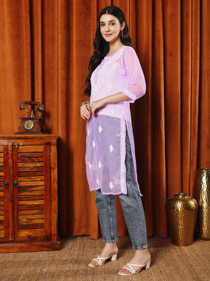 Women Purple Hand Chikankari Georgette Staight Kurta