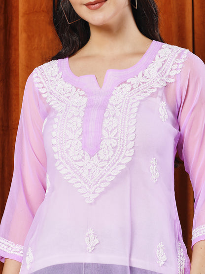 Women Purple Hand Chikankari Georgette Staight Kurta