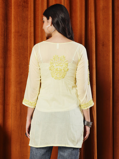 Women Yellow Lucknowi Chikankari Short Kurta Fabric - Cotton