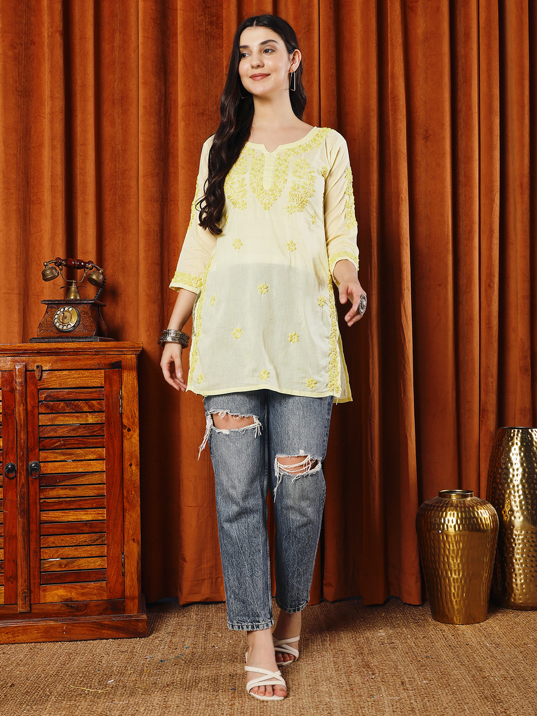 Women Yellow Lucknowi Chikankari Short Kurta Fabric - Cotton