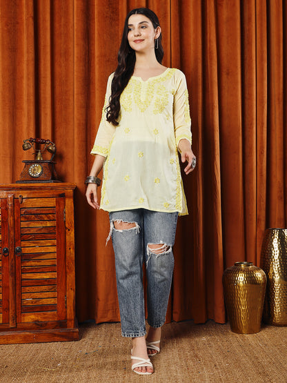 Women Yellow Lucknowi Chikankari Short Kurta Fabric - Cotton