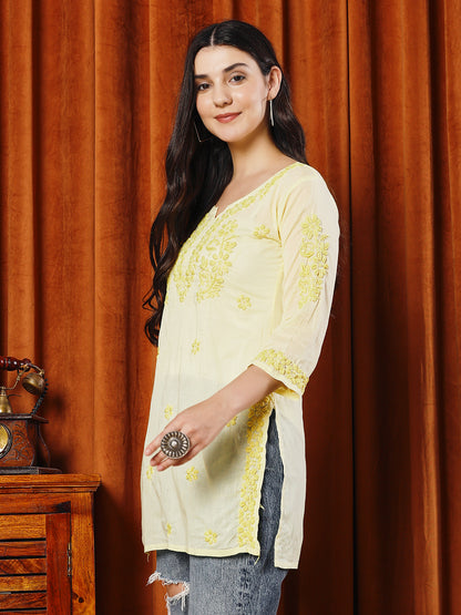 Women Yellow Lucknowi Chikankari Short Kurta Fabric - Cotton