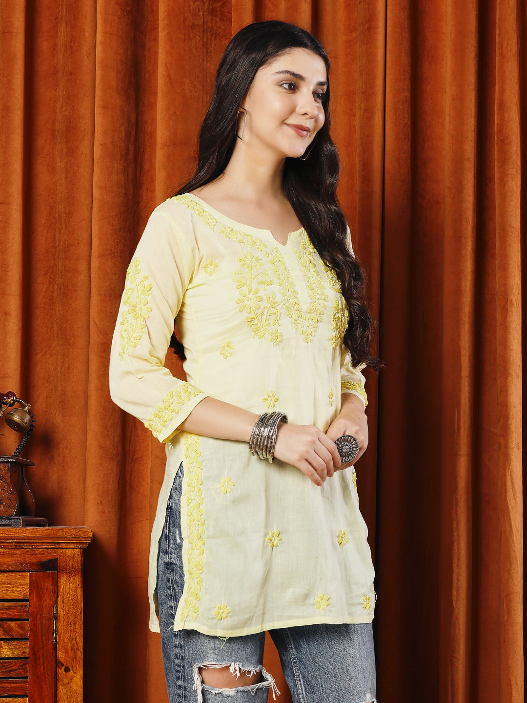 Women Yellow Lucknowi Chikankari Short Kurta Fabric - Cotton