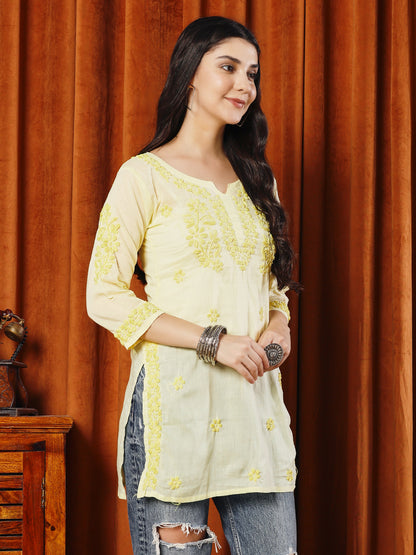Women Yellow Lucknowi Chikankari Short Kurta Fabric - Cotton