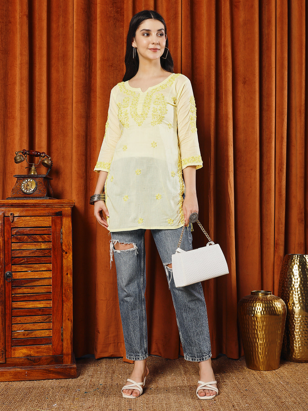 Women Yellow Lucknowi Chikankari Short Kurta Fabric - Cotton