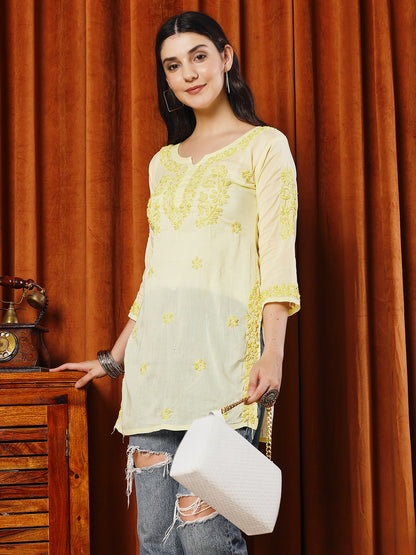 Women Yellow Lucknowi Chikankari Short Kurta Fabric - Cotton