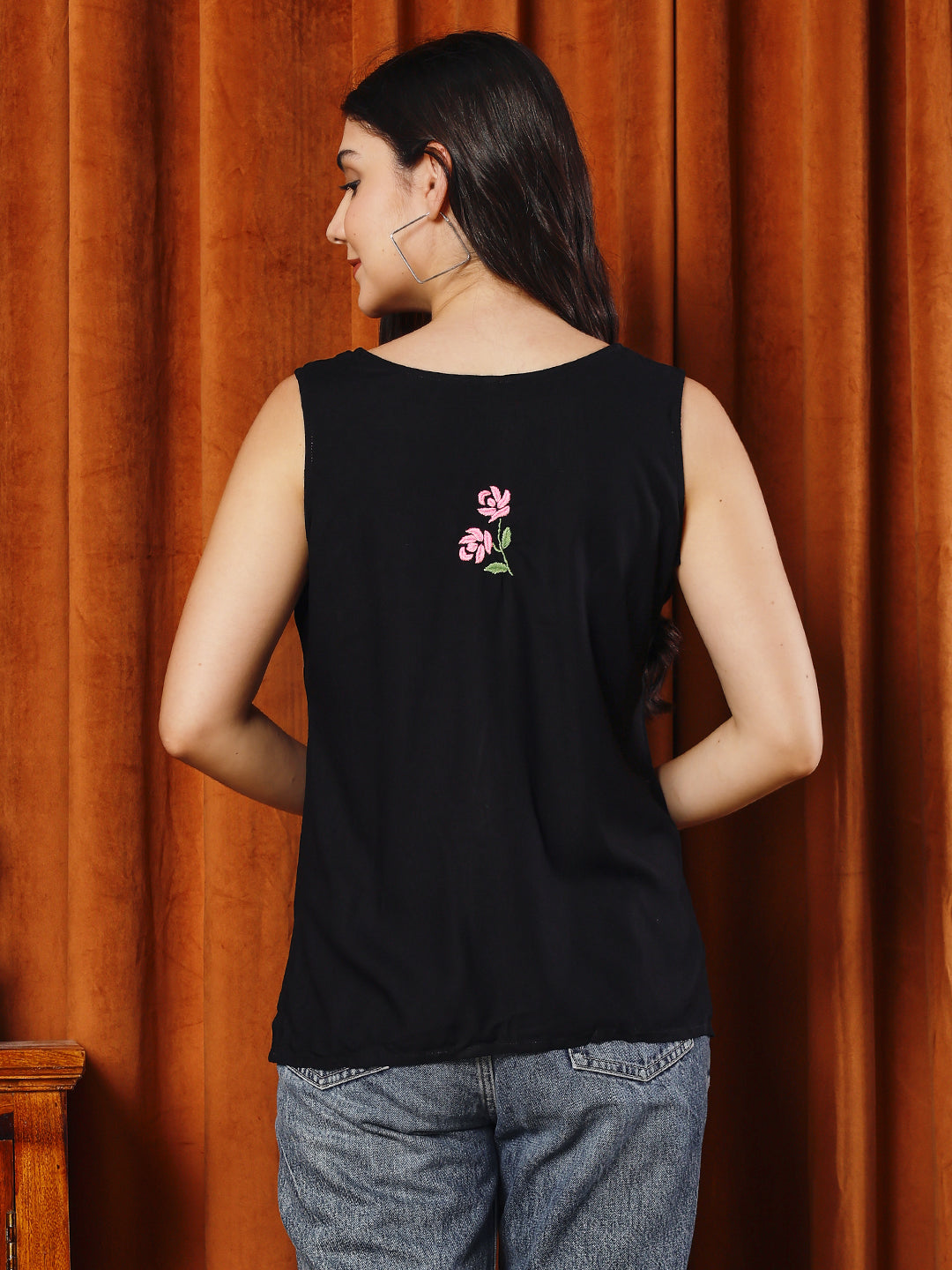 Women Black Rayon Hand Chikankari Top