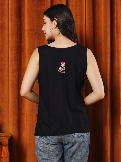 Women Black Rayon Hand Chikankari Top