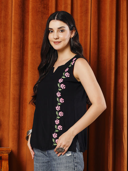 Women Black Rayon Hand Chikankari Top