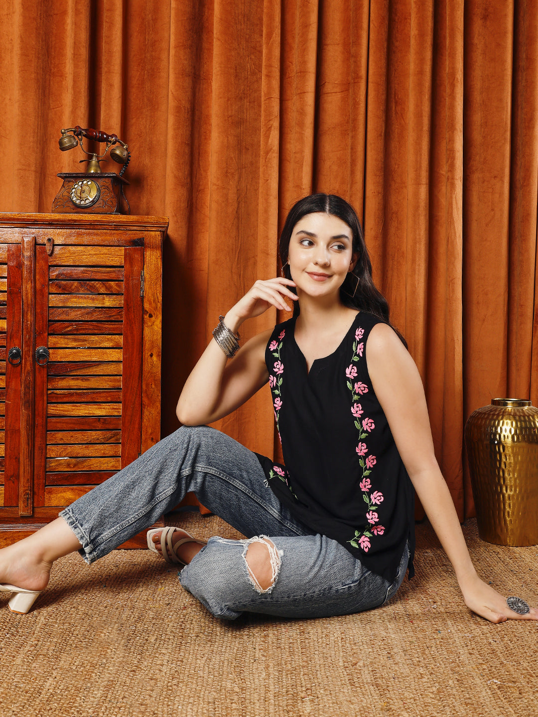 Women Black Rayon Hand Chikankari Top