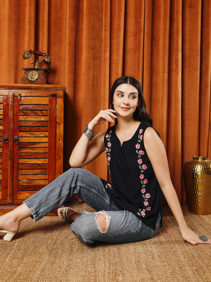 Women Black Rayon Hand Chikankari Top