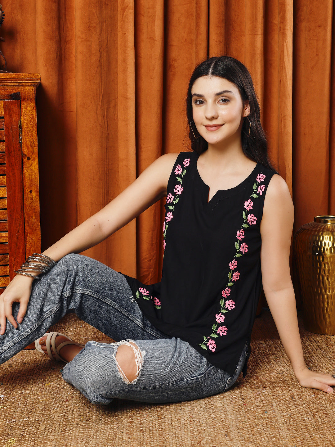 Women Black Rayon Hand Chikankari Top