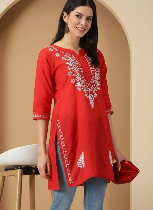 Women Red Lucknowi Chikankari Cotton Kurta