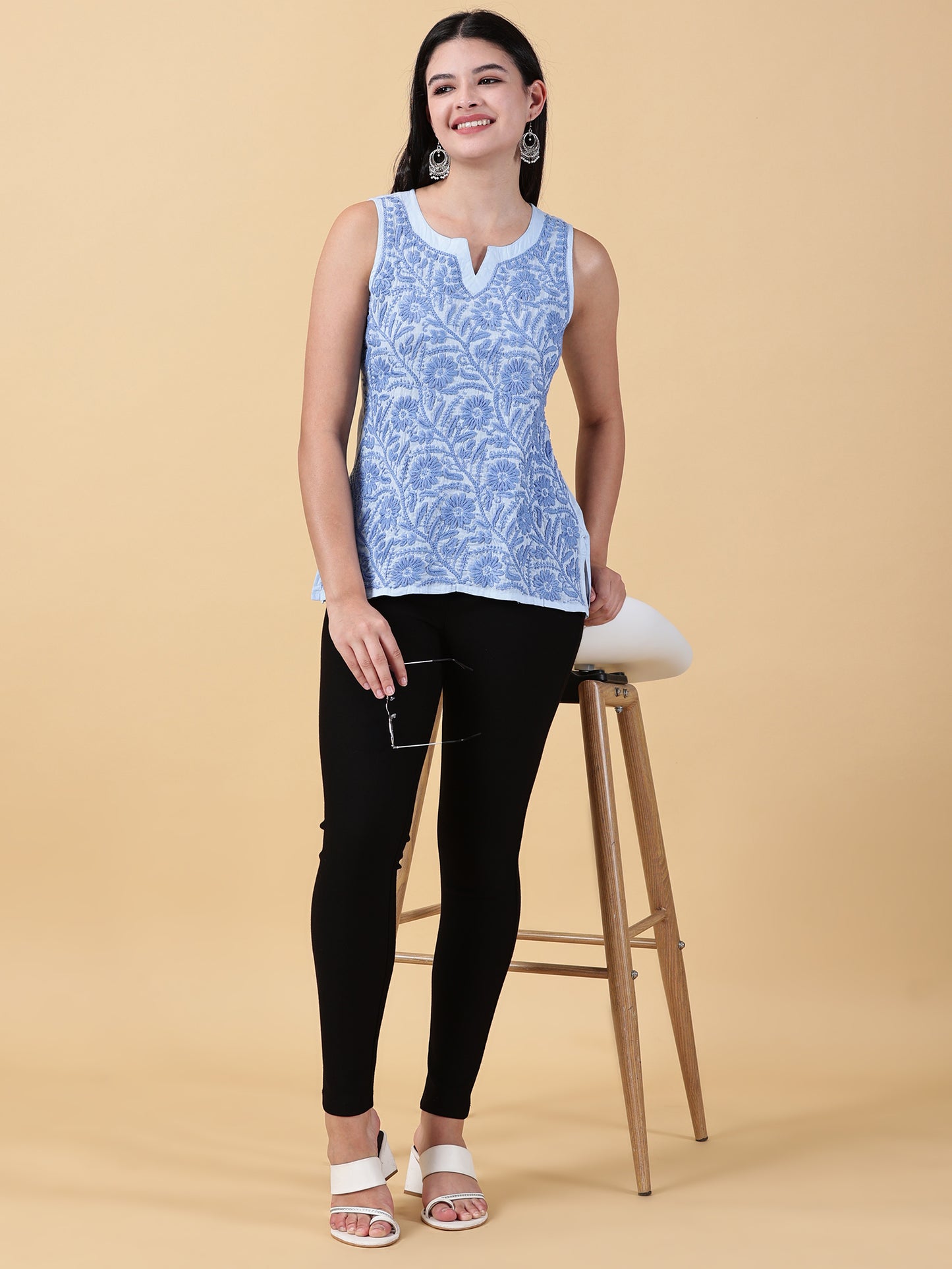 Handmade Blue Chikankari Sleeveless Top