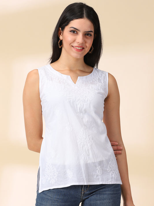 Handmade White Chikankari Embroidered Sleeveless Top