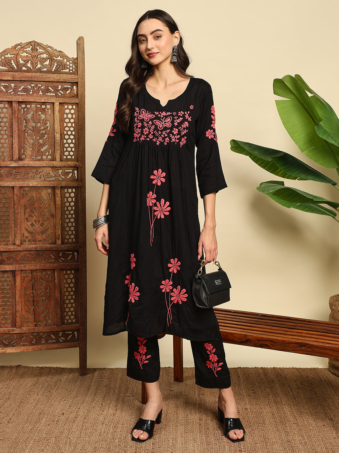 Women Black & Pink Handmade Chikankari Kurta Set