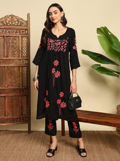 Women Black & Pink Handmade Chikankari Kurta Set