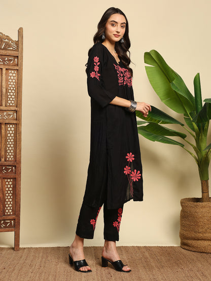 Women Black & Pink Handmade Chikankari Kurta Set