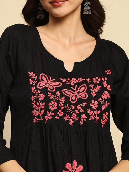 Women Black & Pink Handmade Chikankari Kurta Set