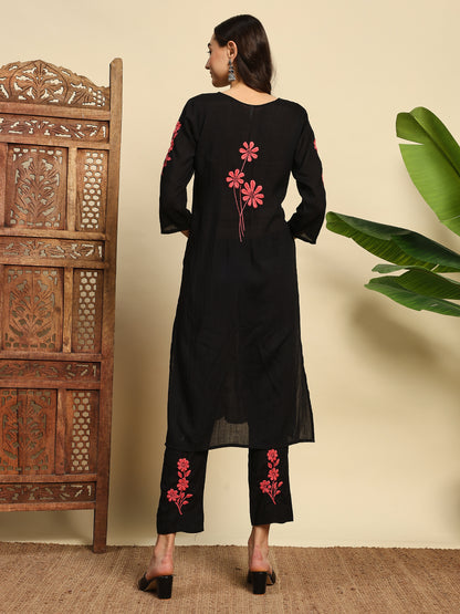 Women Black & Pink Handmade Chikankari Kurta Set