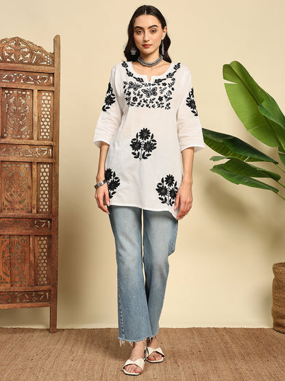 Women White & Black Handmade Chikankari Short Kurta