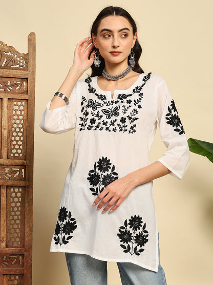Women White & Black Handmade Chikankari Short Kurta