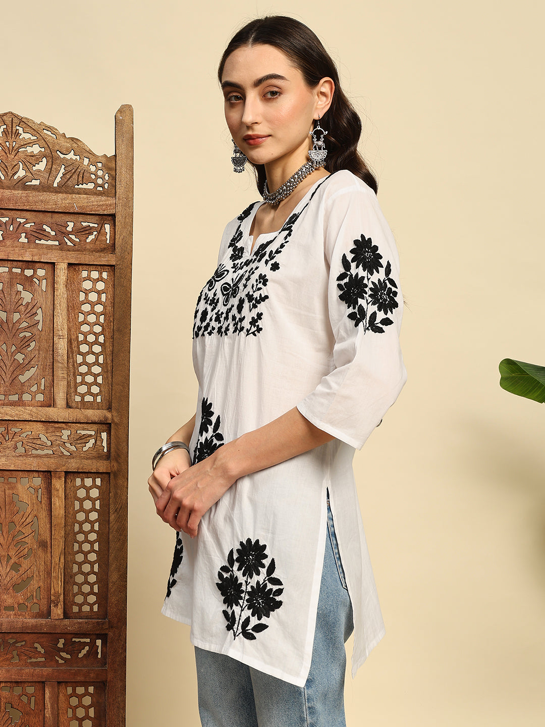 Women White & Black Handmade Chikankari Short Kurta