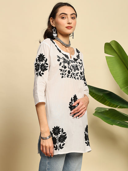 Women White & Black Handmade Chikankari Short Kurta