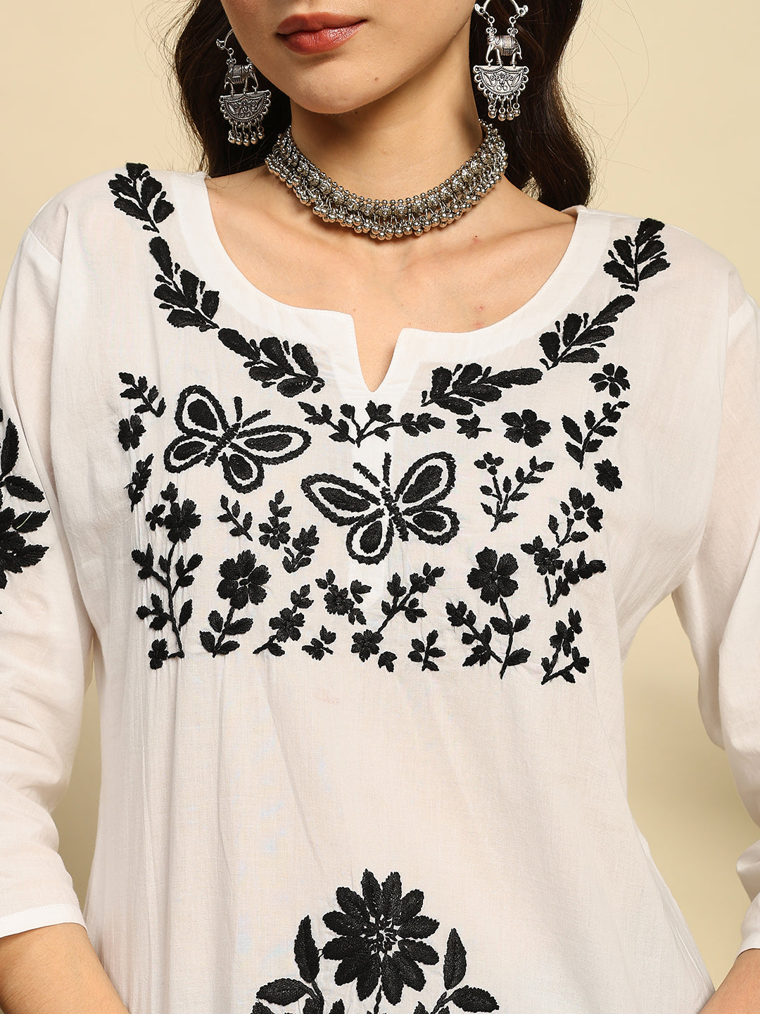 Women White & Black Handmade Chikankari Short Kurta
