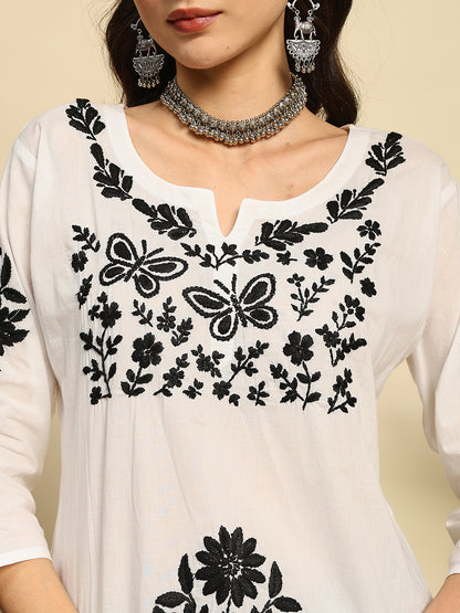 Women White & Black Handmade Chikankari Short Kurta