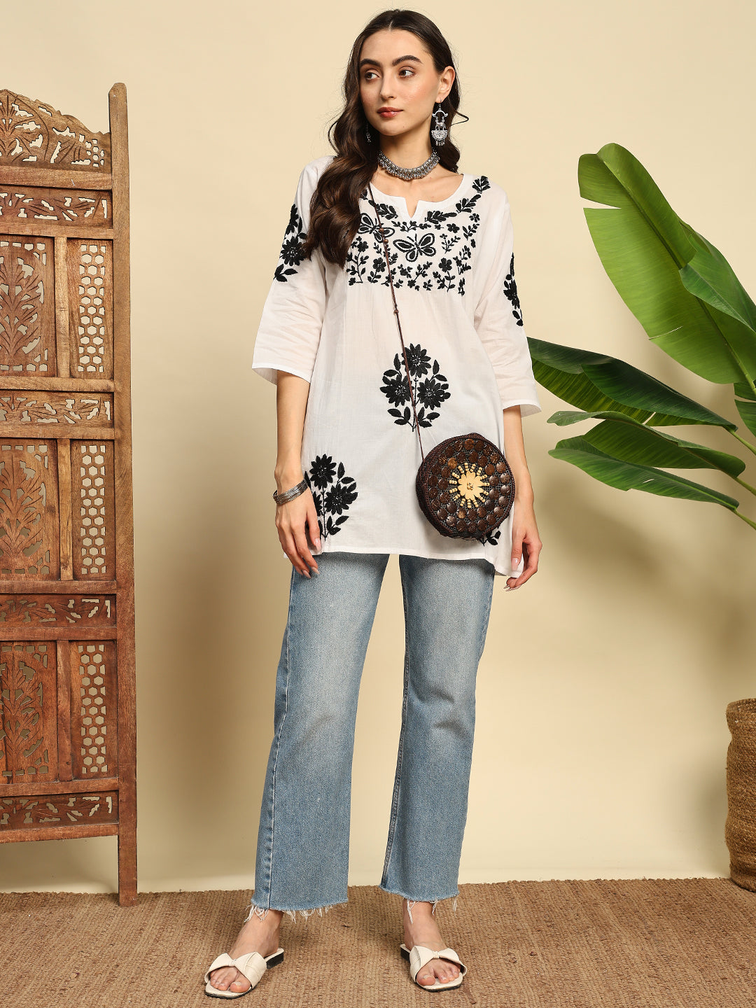 Women White & Black Handmade Chikankari Short Kurta