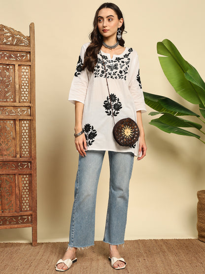 Women White & Black Handmade Chikankari Short Kurta