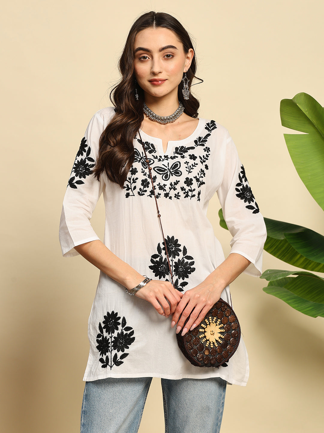 Women White & Black Handmade Chikankari Short Kurta