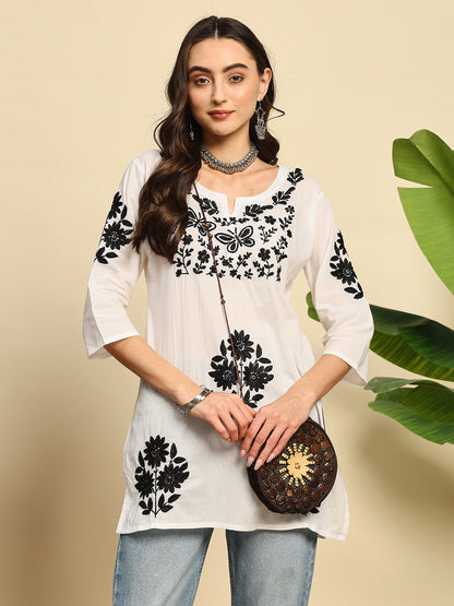 Women White & Black Handmade Chikankari Short Kurta