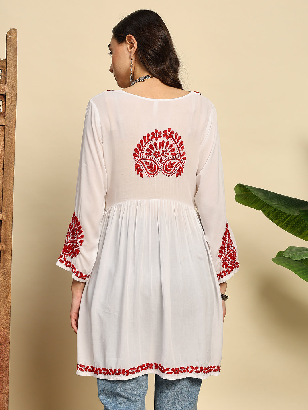 Women White & Red Handmade Chikankari Short Kurti