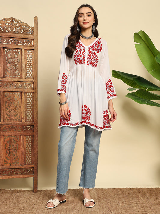 Women White & Red Handmade Chikankari Short Kurti