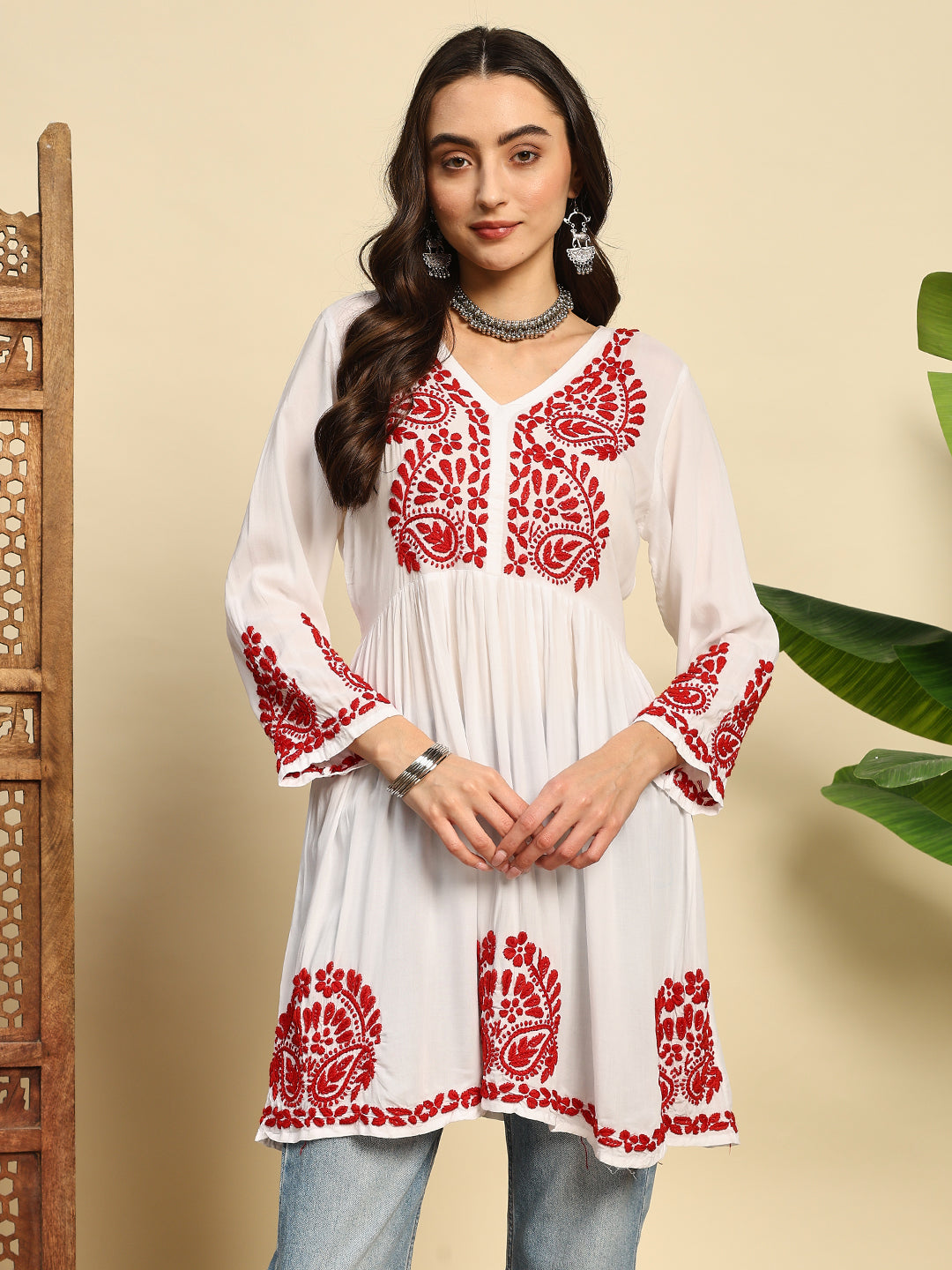 Women White & Red Handmade Chikankari Short Kurti