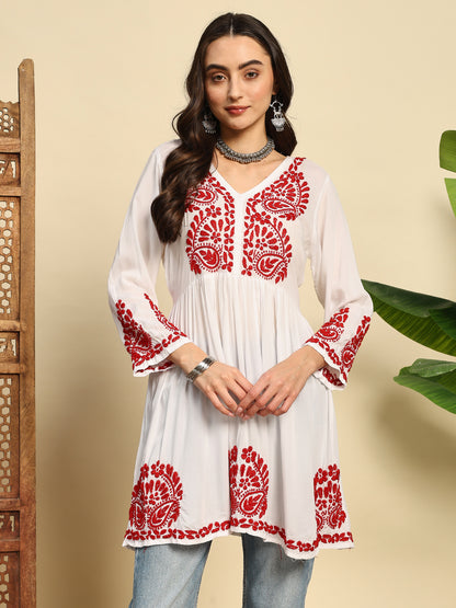 Women White & Red Handmade Chikankari Short Kurti