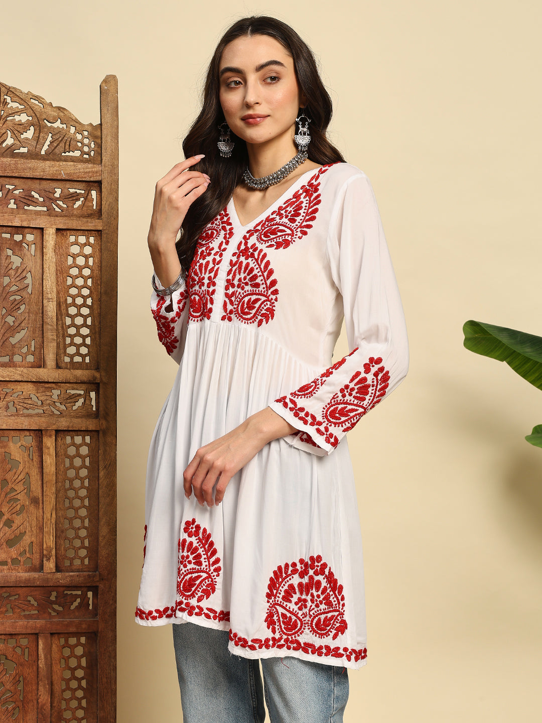 Women White & Red Handmade Chikankari Short Kurti
