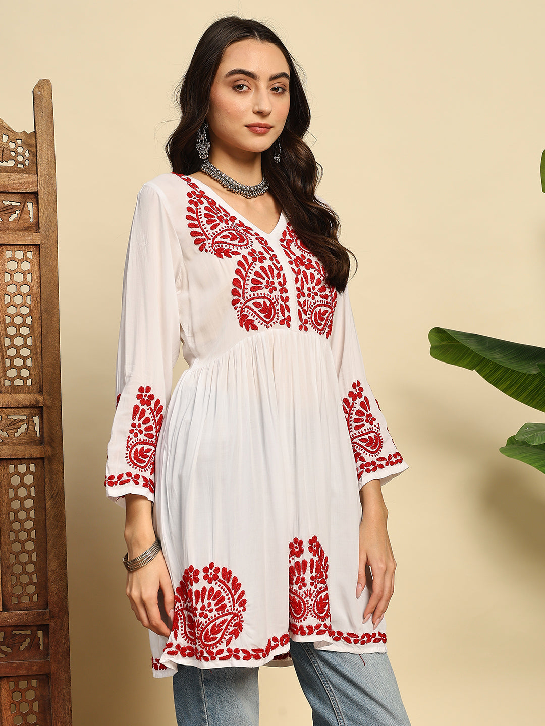 Women White & Red Handmade Chikankari Short Kurti