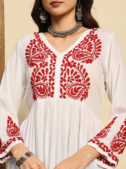 Women White & Red Handmade Chikankari Short Kurti