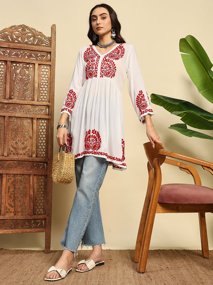 Women White & Red Handmade Chikankari Short Kurti