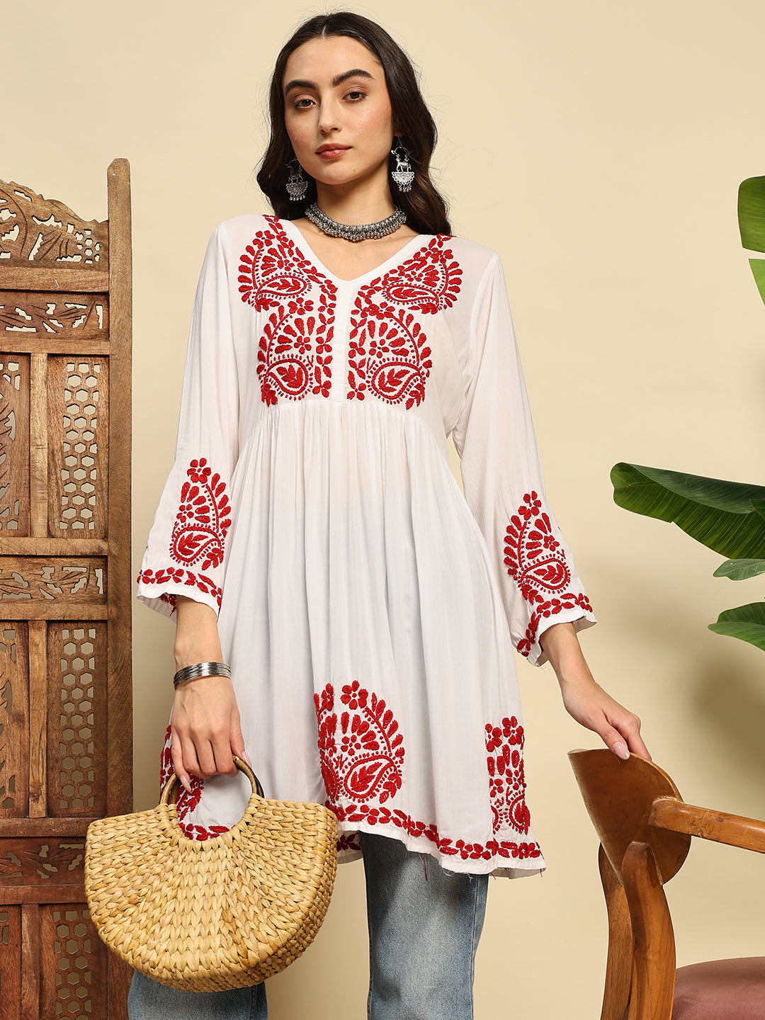 Women White & Red Handmade Chikankari Short Kurti