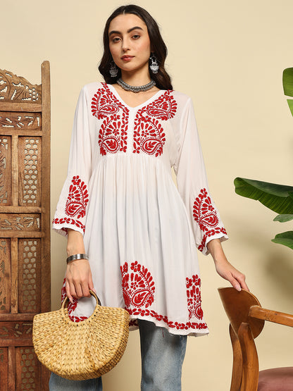 Women White & Red Handmade Chikankari Short Kurti