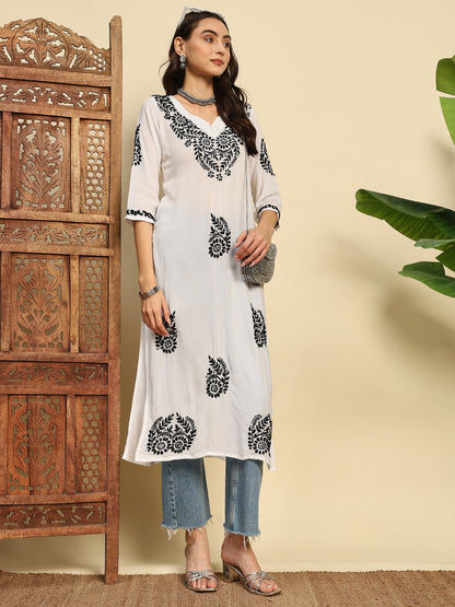 Women White & Black Handmade Chikankari Long Kurta