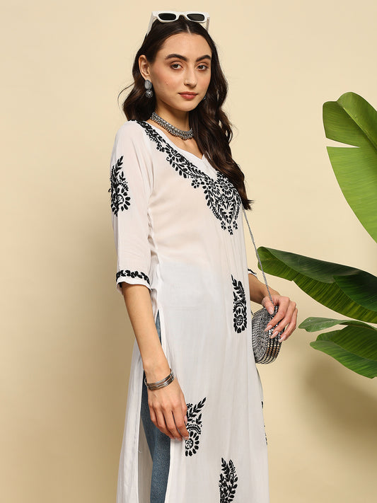 Women White & Black Handmade Chikankari Long Kurta