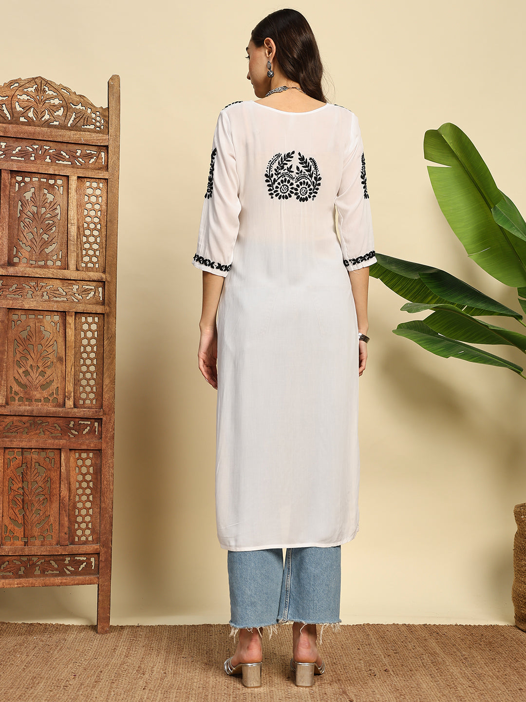 Women White & Black Handmade Chikankari Long Kurta