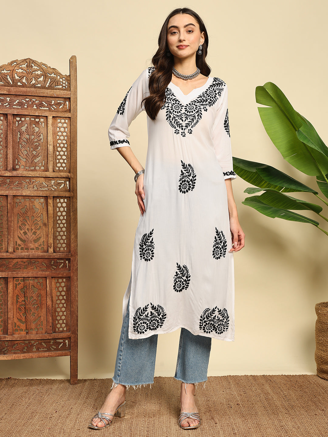 Women White & Black Handmade Chikankari Long Kurta