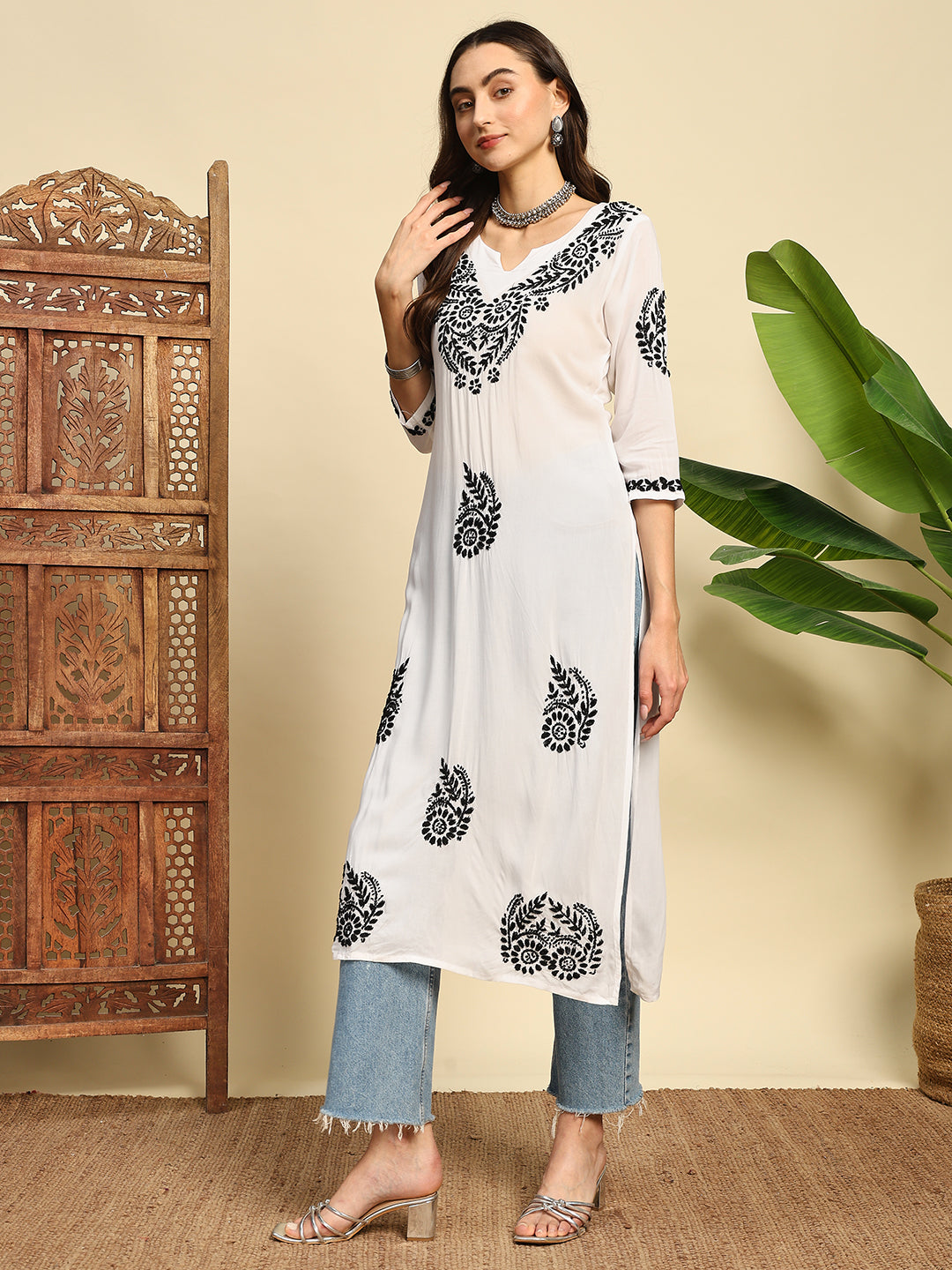 Women White & Black Handmade Chikankari Long Kurta