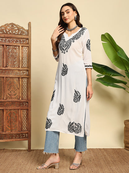 Women White & Black Handmade Chikankari Long Kurta